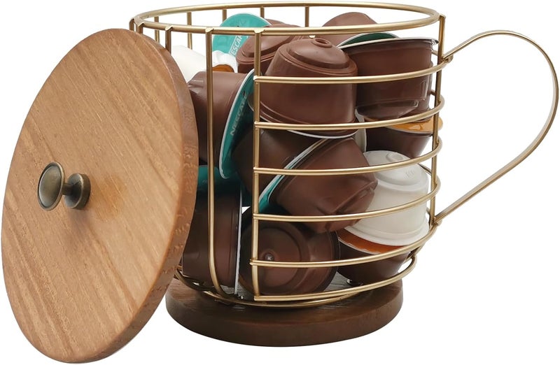 MFBJXC Large Capacity Wire Kup Storage with Wooden Base, Mug Shape Wire Storage Basket with Lid for Home Cafe Bar Countertop Kitchen Decor Storage Accessorie Gold - Image 2